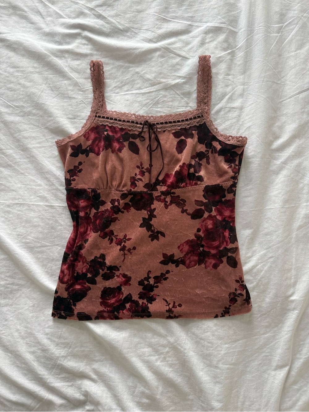 Floral Lace-Trim Velvet Camisole Tank Top - Mauve Rose Print